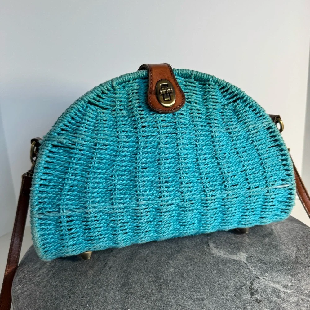 Patricia Nash Bonella Crossbody Wicker Blue Purse Bag Leather Strap
